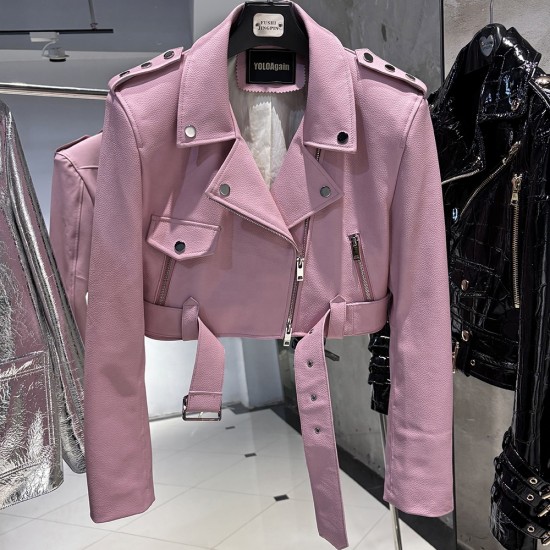 2025 Spring New Wide Shoulder Leather Clothes Real Sheepskin Leather Pink Cropped Jacket Women Grain Leather Jacket