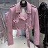 2025 Spring New Wide Shoulder Leather Clothes Real Sheepskin Leather Pink Cropped Jacket Women Grain Leather Jacket