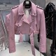 2025 Spring New Wide Shoulder Leather Clothes Real Sheepskin Leather Pink Cropped Jacket Women Grain Leather Jacket