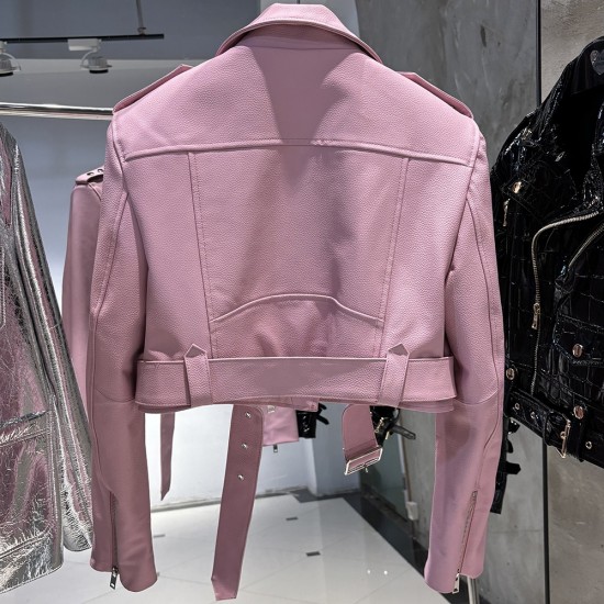 2025 Spring New Wide Shoulder Leather Clothes Real Sheepskin Leather Pink Cropped Jacket Women Grain Leather Jacket