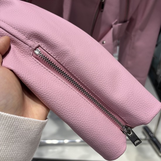 2025 Spring New Wide Shoulder Leather Clothes Real Sheepskin Leather Pink Cropped Jacket Women Grain Leather Jacket