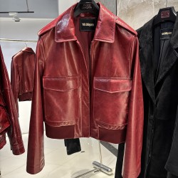 2025 Spring Women Vintage Bomber Clothes Real Sheepskin Leather Coat Red Oversized Oil Wax Leather Jacket