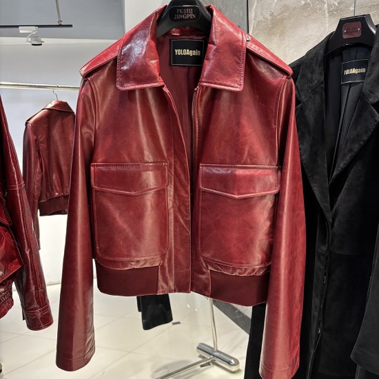 2025 Spring Women Vintage Bomber Clothes Real Sheepskin Leather Coat Red Oversized Oil Wax Leather Jacket