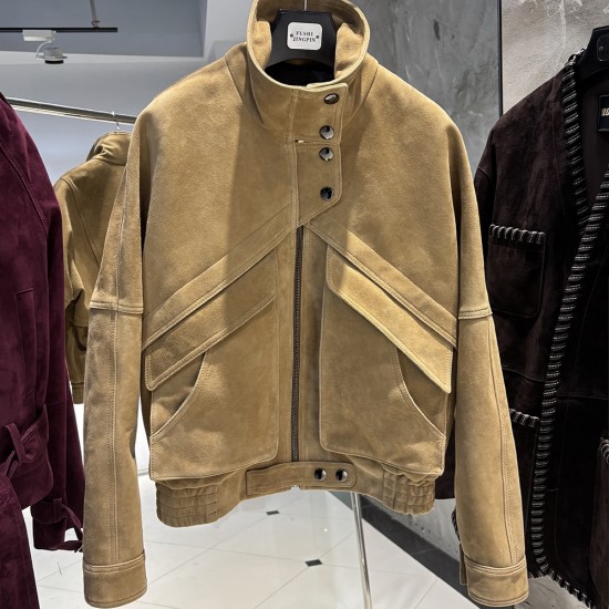 2025 Spring Female Leather Bomber Jackets Ladies Real Suede Leather Coat Camel Suede Clothes Outwear