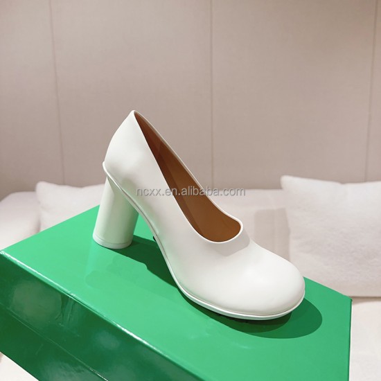 Leather High Heels, Women's Thick Heels, One-foot Wear, Shallow Mouth, Single Shoes, Round Toe