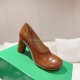 Leather High Heels, Women's Thick Heels, One-foot Wear, Shallow Mouth, Single Shoes, Round Toe