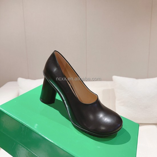 Leather High Heels, Women's Thick Heels, One-foot Wear, Shallow Mouth, Single Shoes, Round Toe