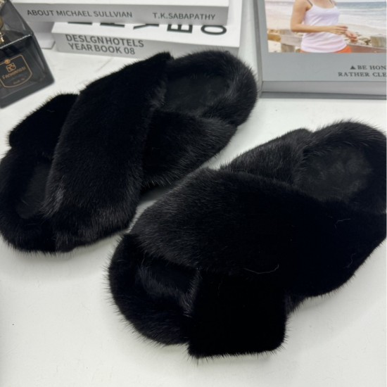 High-End Fluffy Mink Fur Winter Shoes for Women Versatile Black Outer Wear with Cross Heightening Function Fashionable Fur Boot