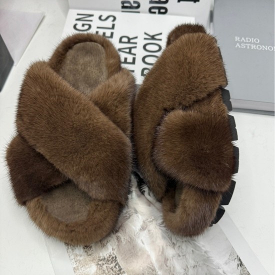 Mule Clogs Fuzzy Fluffy Natural Mink for Slippers Fashion Fur Slides for Home Outdoor Comfortable Boots and Shoes