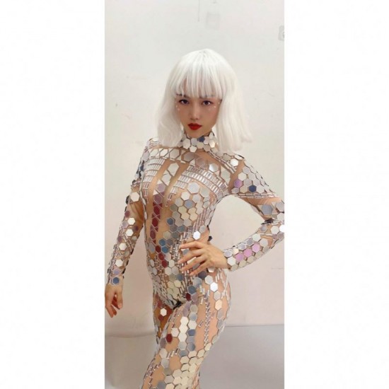 Fashion Long Sleeves Sequins One Piece Bodysuit Dancer Wear Slim Fit Spandex Rompers Ladies Plus Size Women Rhinestone Jumpsuit