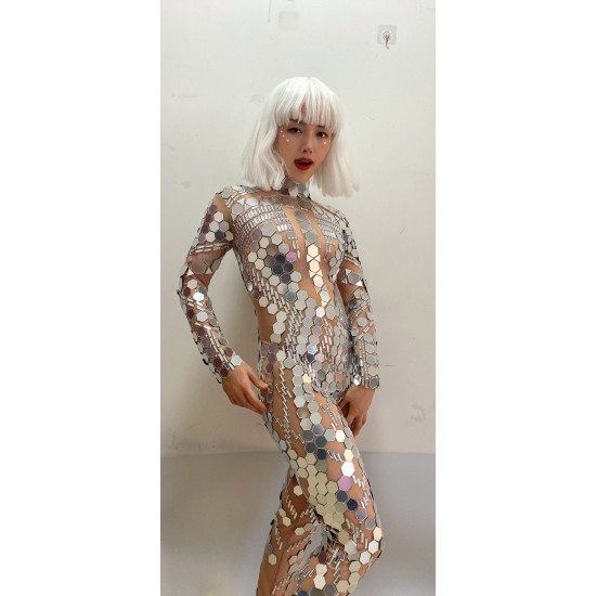 Fashion Long Sleeves Sequins One Piece Bodysuit Dancer Wear Slim Fit Spandex Rompers Ladies Plus Size Women Rhinestone Jumpsuit
