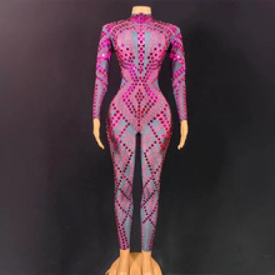 Fashion Long Sleeves Sequins One Piece Bodysuit Dancer Wear Slim Fit Spandex Rompers Ladies Plus Size Women Rhinestone Jumpsuit