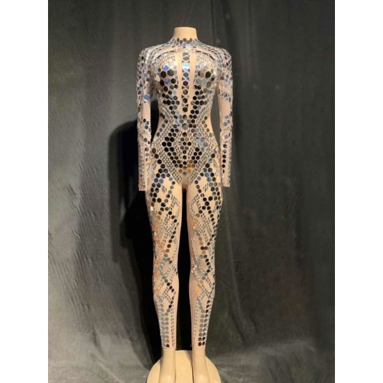Fashion Long Sleeves Sequins One Piece Bodysuit Dancer Wear Slim Fit Spandex Rompers Ladies Plus Size Women Rhinestone Jumpsuit