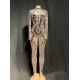 Fashion Long Sleeves Sequins One Piece Bodysuit Dancer Wear Slim Fit Spandex Rompers Ladies Plus Size Women Rhinestone Jumpsuit