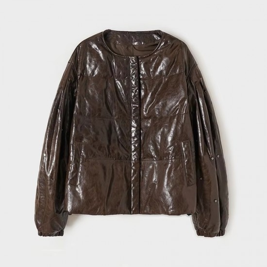 Winter Fashion Clothes Custom O-neck Down Jacket Oil Waxed Sheepskin Duck Down Coat for Women Ladies