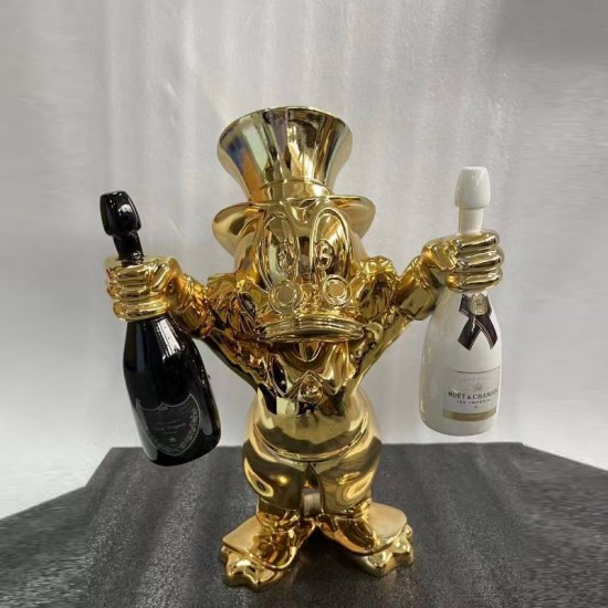 Pop Arts Resin Crafts Chrome Colored Duck with Champagne Bottles Animal Cartoon Character Duck Statue for Arts Gallery