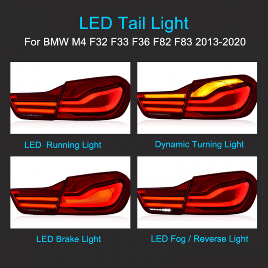 For BMW 4 Series M4 LED Tail Light Assembly 2013-2020 Full LED Upgrade Tail Lamps F32 F33 F36 F82 F83 Red Smoked Lens Color 12V