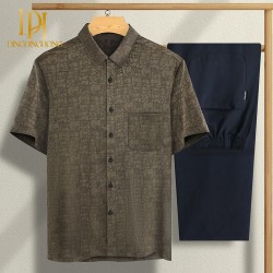 Short Sleeve Ice Silk Shirt Set for Middle-Aged Men Dad's Summer Outfit with Turn-Down Collar Casual Grandpa Clothes