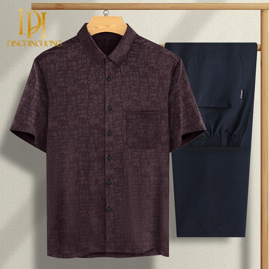 Short Sleeve Ice Silk Shirt Set for Middle-Aged Men Dad's Summer Outfit with Turn-Down Collar Casual Grandpa Clothes
