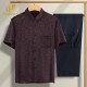 Short Sleeve Ice Silk Shirt Set for Middle-Aged Men Dad's Summer Outfit with Turn-Down Collar Casual Grandpa Clothes