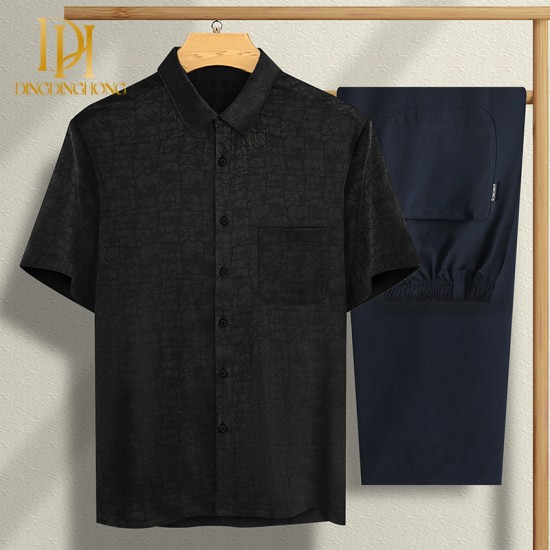 Short Sleeve Ice Silk Shirt Set for Middle-Aged Men Dad's Summer Outfit with Turn-Down Collar Casual Grandpa Clothes