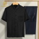 Short Sleeve Ice Silk Shirt Set for Middle-Aged Men Dad's Summer Outfit with Turn-Down Collar Casual Grandpa Clothes