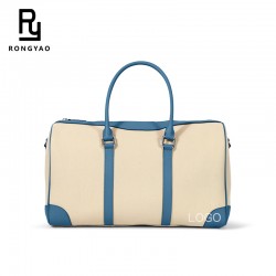 Lightweight Large Capacity Short Distance Men Travel Storage Handbag Canvas Spliced Genuine Leather Duffle Bag Custom logo