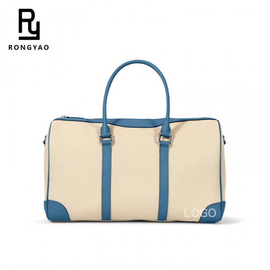 Lightweight Large Capacity Short Distance Men Travel Storage Handbag Canvas Spliced Genuine Leather Duffle Bag Custom logo