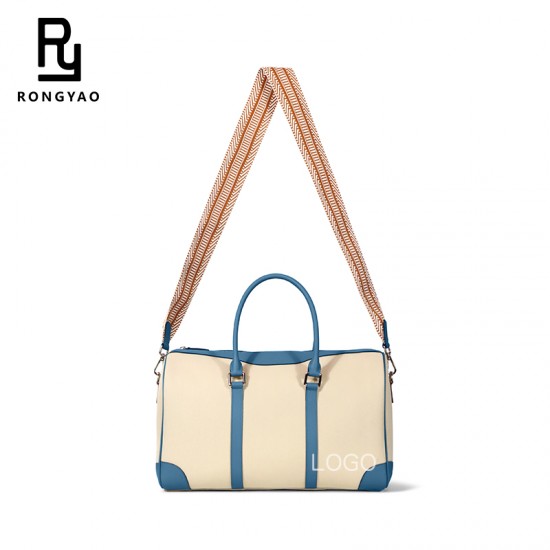 Lightweight Large Capacity Short Distance Men Travel Storage Handbag Canvas Spliced Genuine Leather Duffle Bag Custom logo