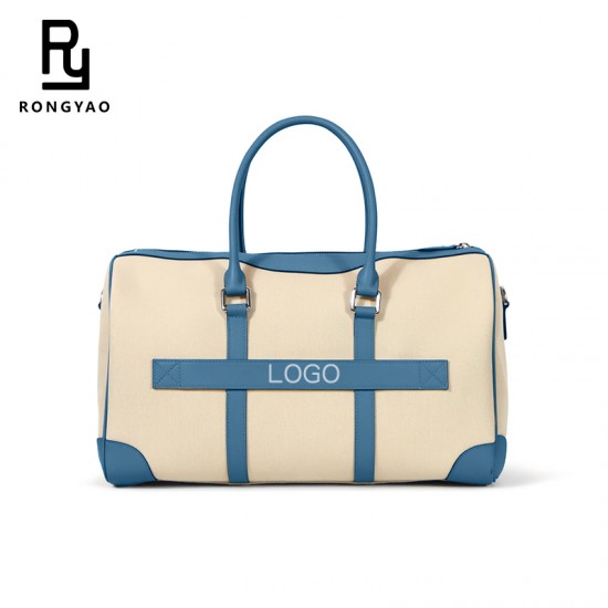 Lightweight Large Capacity Short Distance Men Travel Storage Handbag Canvas Spliced Genuine Leather Duffle Bag Custom logo
