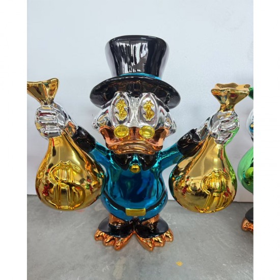 Multi-Colored Resin Crafts Decorative Duck Statue Pop Arts Chrome-Plated Duck with Money Bag Sculpture for Indoor Decoration