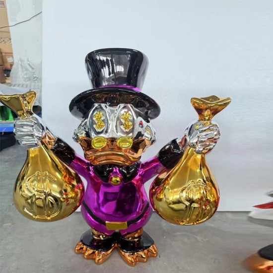 Multi-Colored Resin Crafts Decorative Duck Statue Pop Arts Chrome-Plated Duck with Money Bag Sculpture for Indoor Decoration