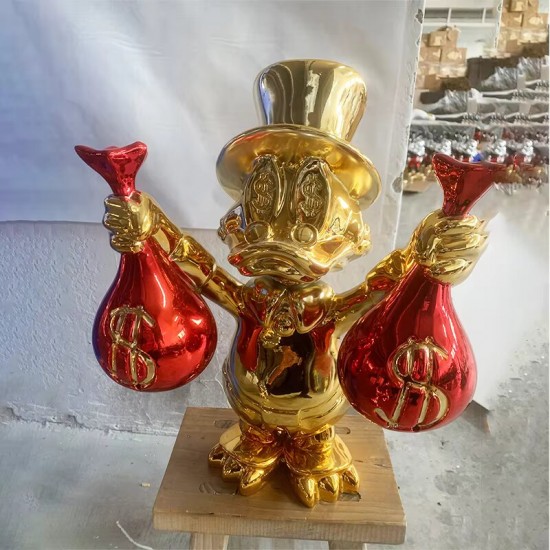 Multi-Colored Resin Crafts Decorative Duck Statue Pop Arts Chrome-Plated Duck with Money Bag Sculpture for Indoor Decoration