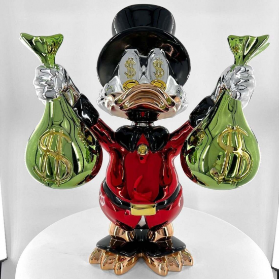 Multi-Colored Resin Crafts Decorative Duck Statue Pop Arts Chrome-Plated Duck with Money Bag Sculpture for Indoor Decoration