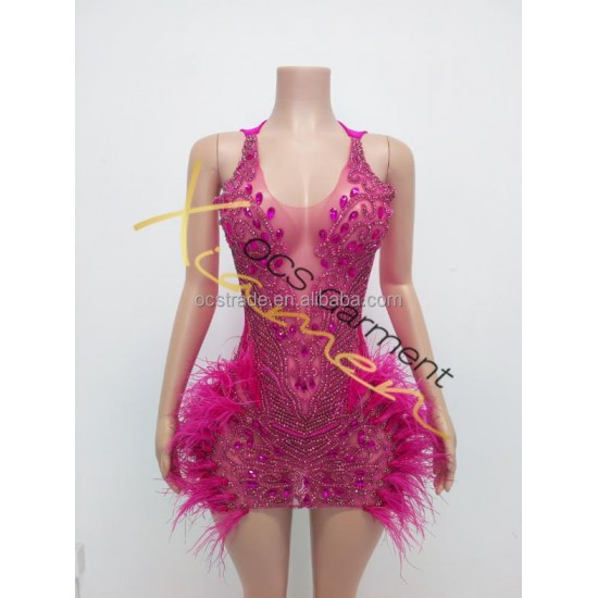 Ocstrade New Elegant Beading Purple Feathers Short Prom Dresses 2025 Sexy Rhinestone Birthday Dress for Women Party Club Night