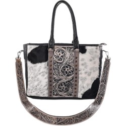 Women's Cowhide Hairon Leather Tote Bag with Adjustable Tooled Western Style Shoulder Strap Purse