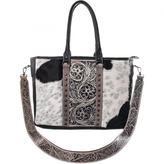 Women's Cowhide Hairon Leather Tote Bag with Adjustable Tooled Western Style Shoulder Strap Purse