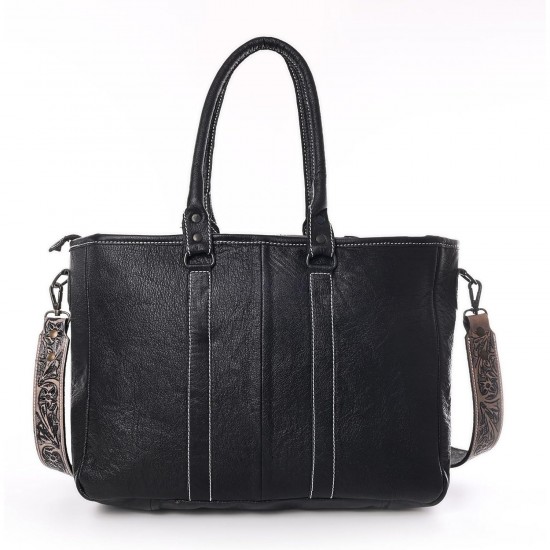 Women's Cowhide Hairon Leather Tote Bag with Adjustable Tooled Western Style Shoulder Strap Purse