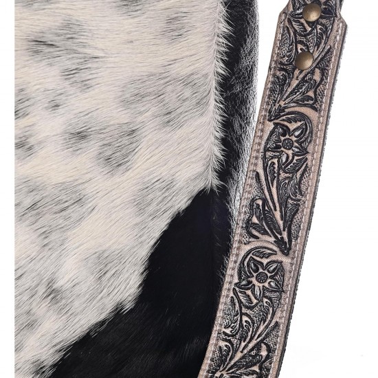 Women's Cowhide Hairon Leather Tote Bag with Adjustable Tooled Western Style Shoulder Strap Purse