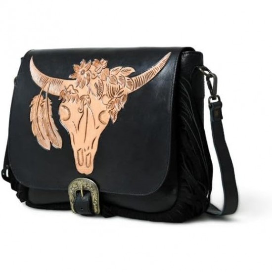 Women's Cowhide NDM Leather Crossbody Bag with Adjustable Strap Hand-Tooled Bull Rider Fringe Design Women's Shoulder Bag