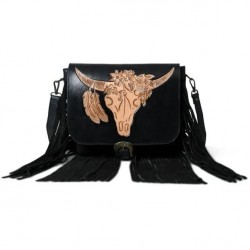 Women's Cowhide NDM Leather Crossbody Bag with Adjustable Strap Hand-Tooled Bull Rider Fringe Design Women's Shoulder Bag