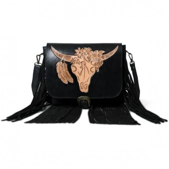 Women's Cowhide NDM Leather Crossbody Bag with Adjustable Strap Hand-Tooled Bull Rider Fringe Design Women's Shoulder Bag