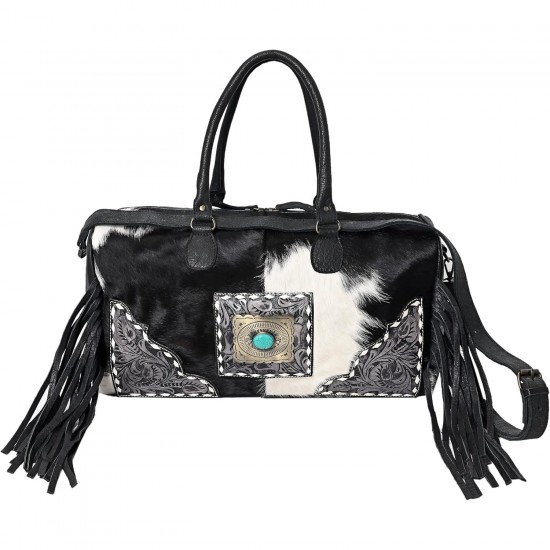 Merbaa Women's Elegant Large Cowhide Tote Bag Weekender Duffle for Travel with Tassel Leather Harness Overnight Cowhide Bag