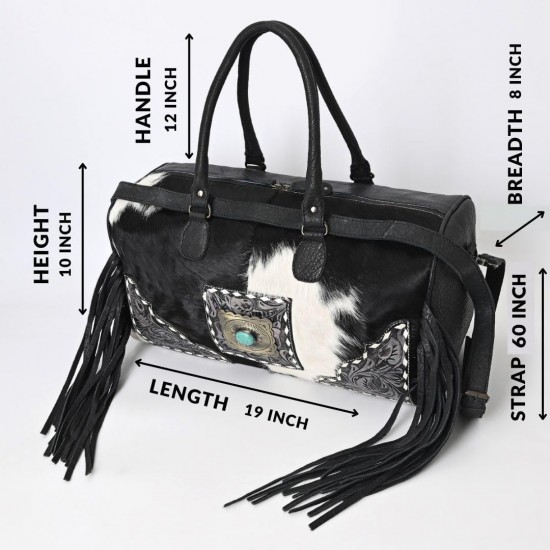 Merbaa Women's Elegant Large Cowhide Tote Bag Weekender Duffle for Travel with Tassel Leather Harness Overnight Cowhide Bag
