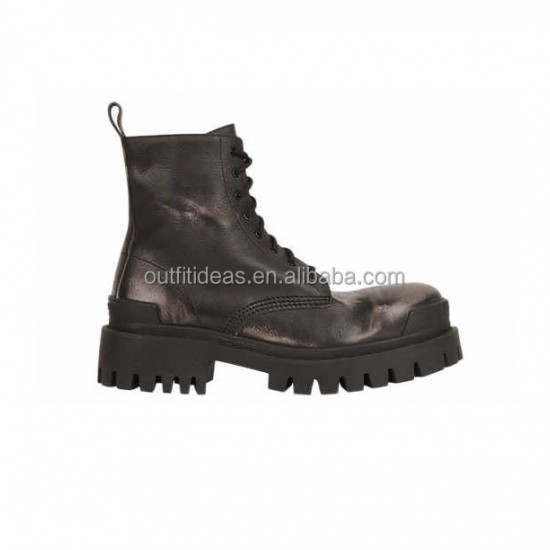 Heavily Distressed Extra Round Toe Leather Super Chunky Lug Sole Men Trendy Shoes Safety Shoes Black Strike Lace-up Combat Boots
