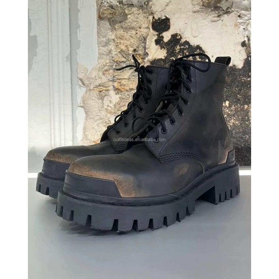 Heavily Distressed Extra Round Toe Leather Super Chunky Lug Sole Men Trendy Shoes Safety Shoes Black Strike Lace-up Combat Boots