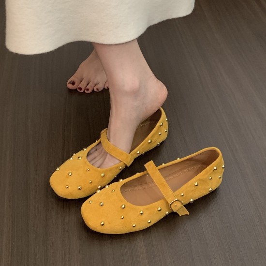 2025 Women's Elegant Ballet Evening Flat Mary Jane Shoes Korean French Style Rivet Toe Shallow Mouth High Slip-On for Autumn