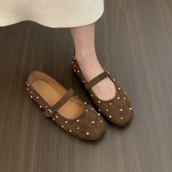 2025 Women's Elegant Ballet Evening Flat Mary Jane Shoes Korean French Style Rivet Toe Shallow Mouth High Slip-On for Autumn