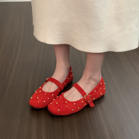 2025 Women's Elegant Ballet Evening Flat Mary Jane Shoes Korean French Style Rivet Toe Shallow Mouth High Slip-On for Autumn