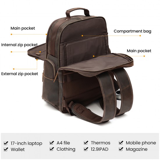 Large Capacity Retro Crazy Horse Leather Men's Backpack First Layer Cowhide for Business Travel Fashionable Accessories